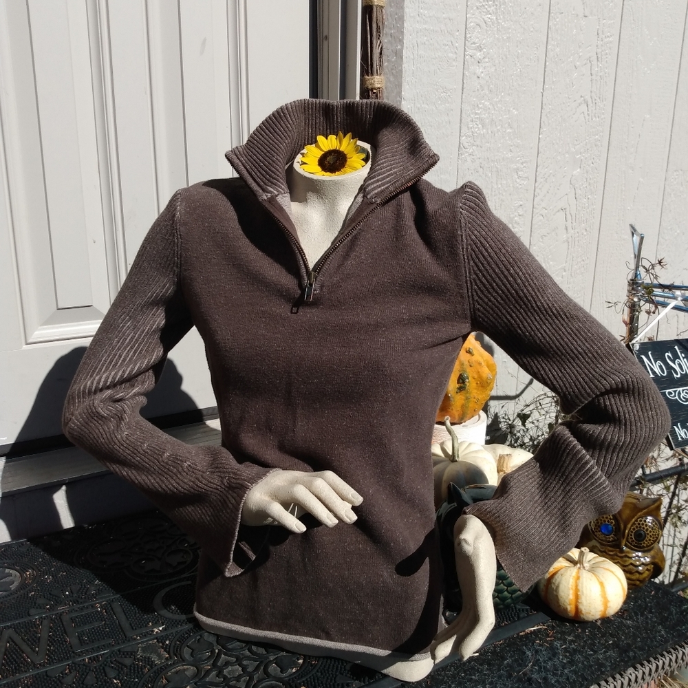 Vintage Calvin Klein Sz M Brown Tan knit zip high collar sweater y2k